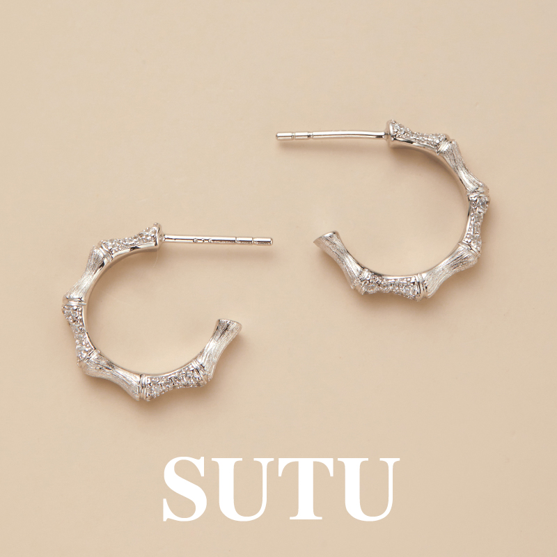 925银合成锆石耳饰 竹节耳环意大利拉丝耳钉C型清冷轻奢高级感