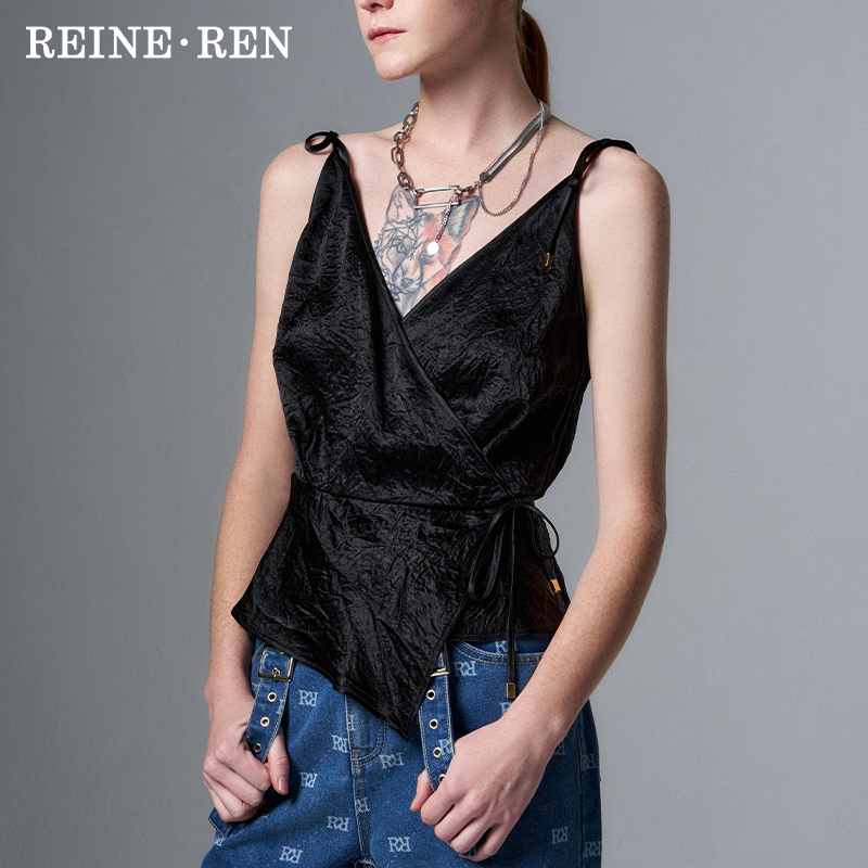 REINEREN设计师任茜2024春夏款黑色醋酸围裹式吊带时尚夏季无袖