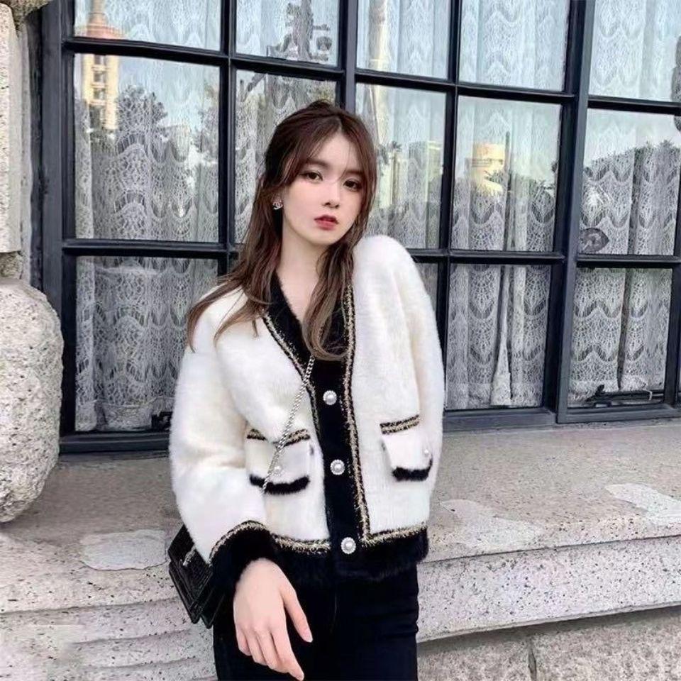 0046仿水貂绒小香风女毛衣冬季新款慵懒风外套开衫女外搭上衣