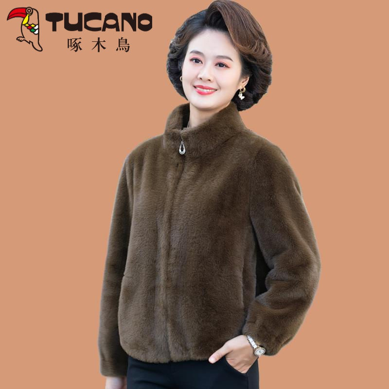 啄木鳥小个子妈妈冬装仿皮草外套中老年女秋冬短款仿貂绒毛呢上衣