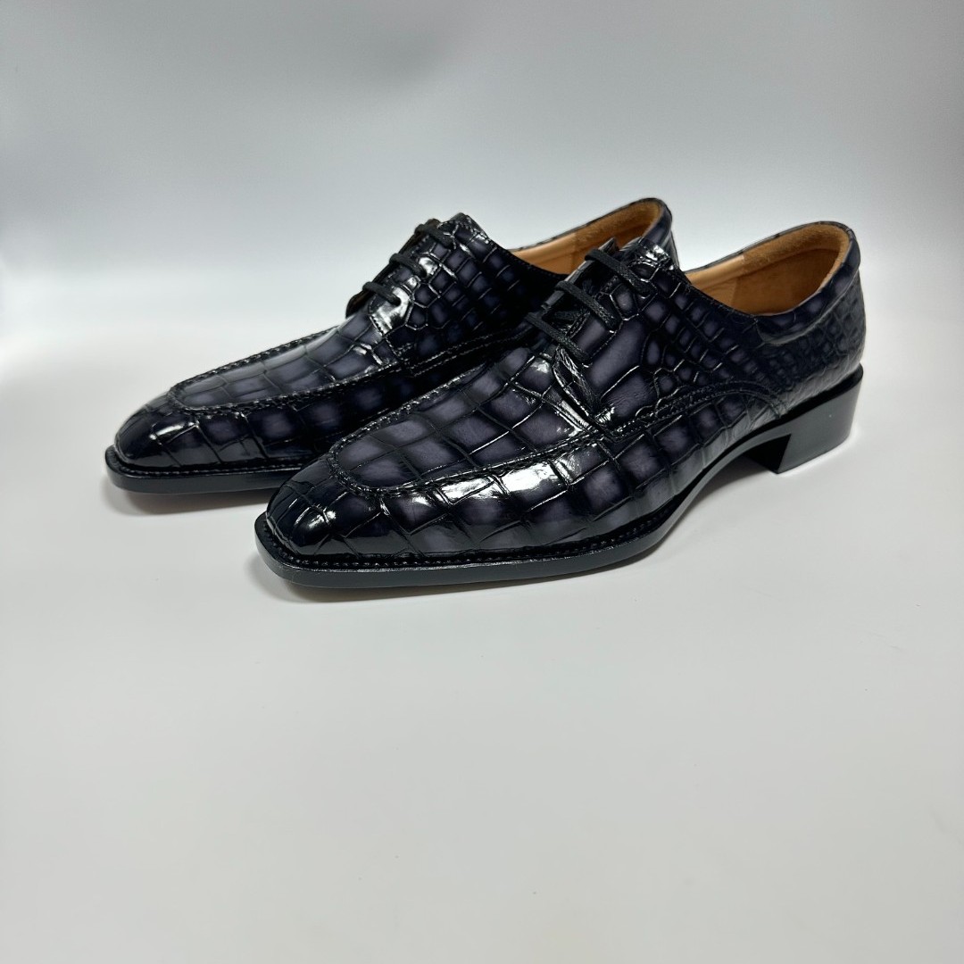 苗鱼儿高端鳄鱼皮皮鞋男士 休闲商务 纯手工擦色固特异正装德比鞋