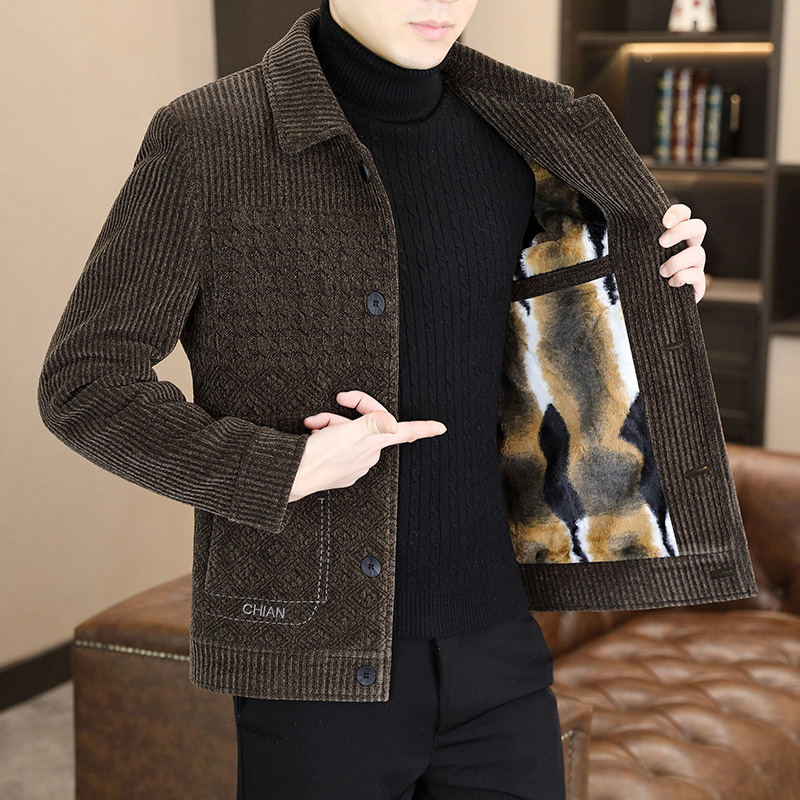 秋冬季新款高档呢夹克加绒加厚保暖休闲修身百搭外套短款翻领夹克