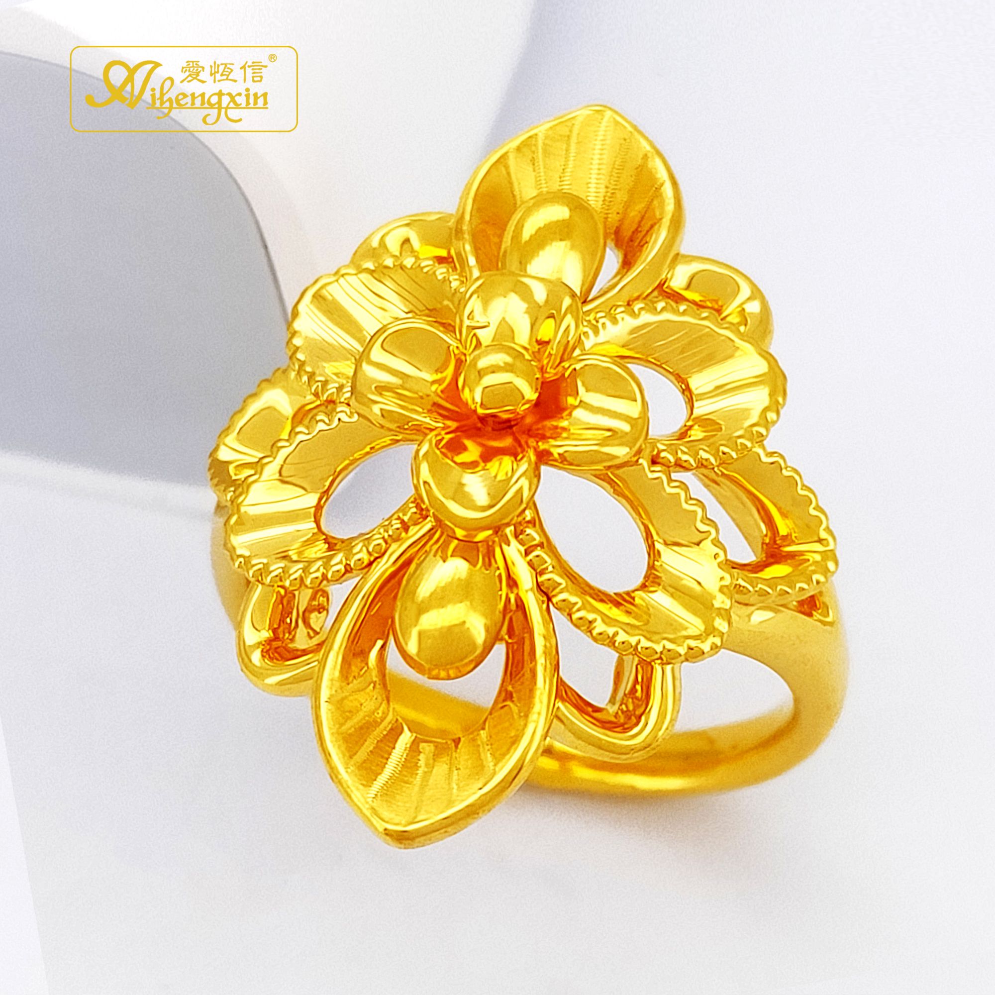 爱恒信【双12心头好物】固口足金黄金硬金戒指妈妈大花七彩拉丝富