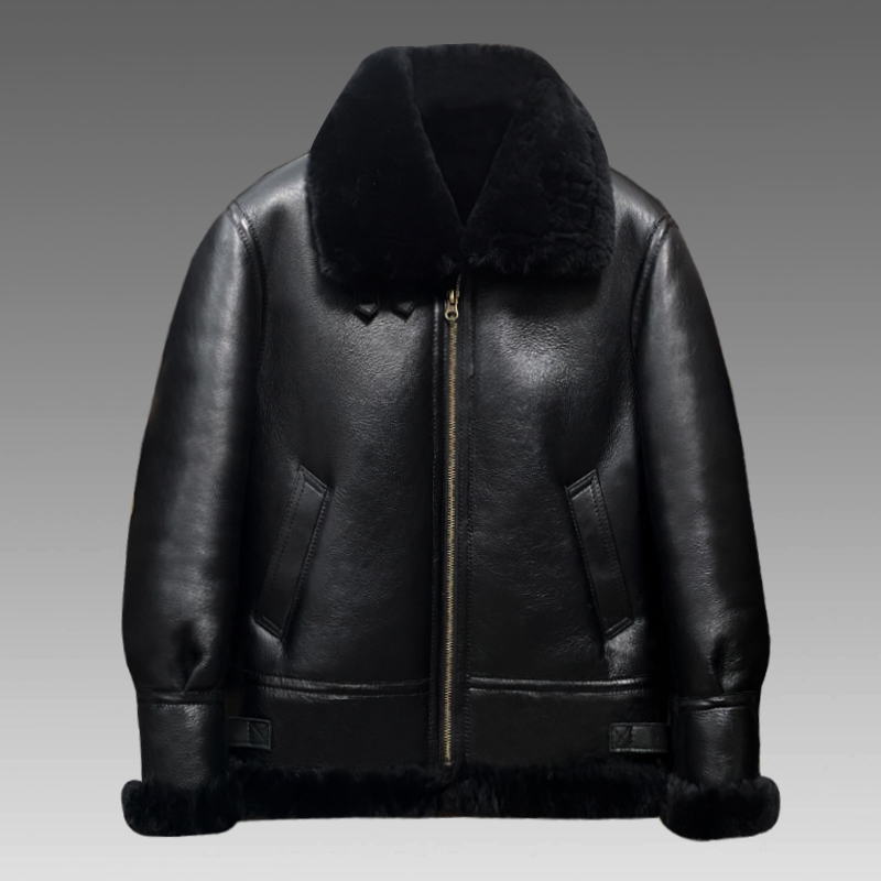 新款黑直加厚真皮真毛男款冬季加厚外套保暖B3翻领短款经典百搭款