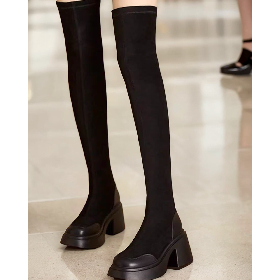 高个子显瘦过膝靴女大弹力长筒2025秋冬百搭厚底高跟瘦瘦靴小个子