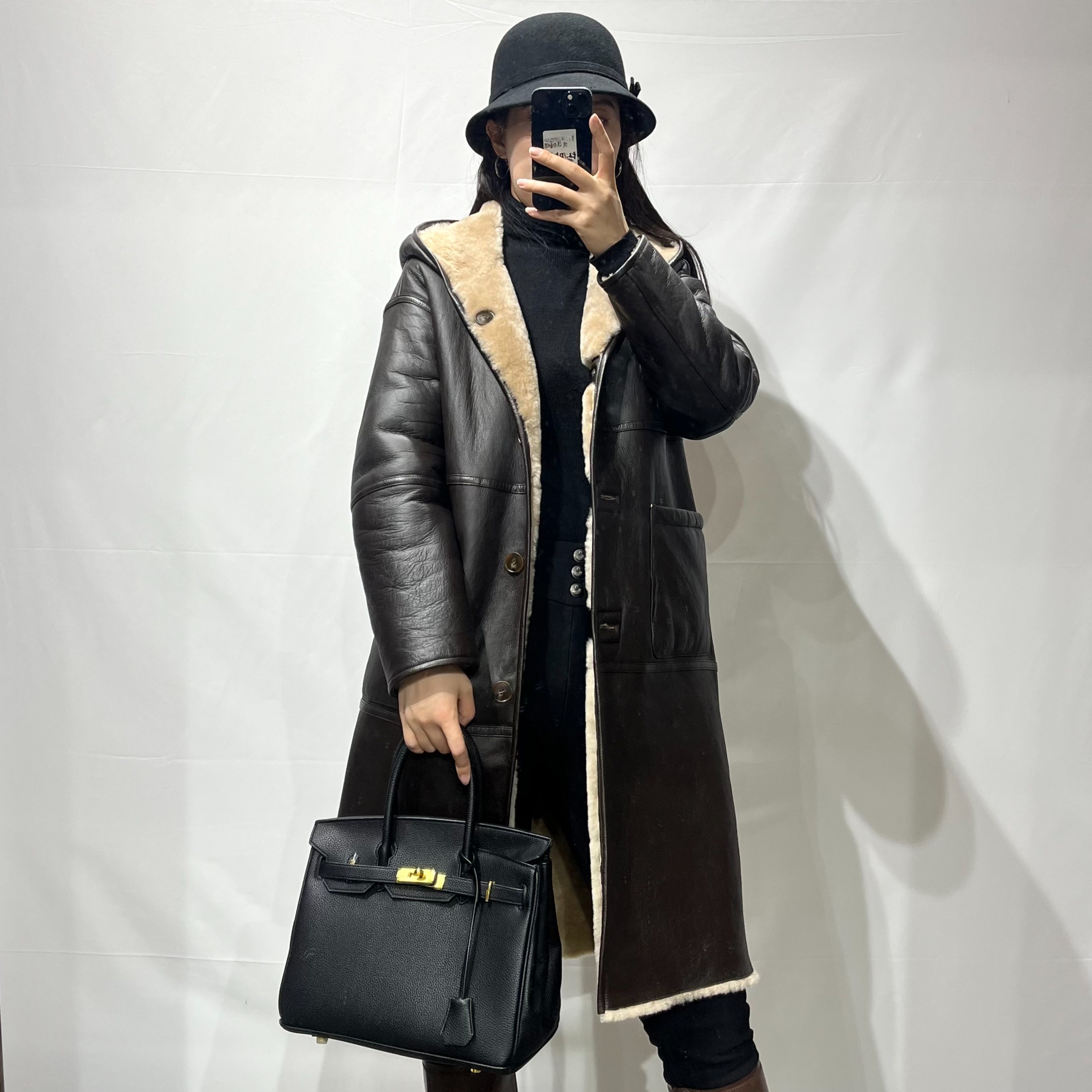 2024新款网红中长款秋冬黑色羊毛时尚气质百搭翻领双面外套-F2329