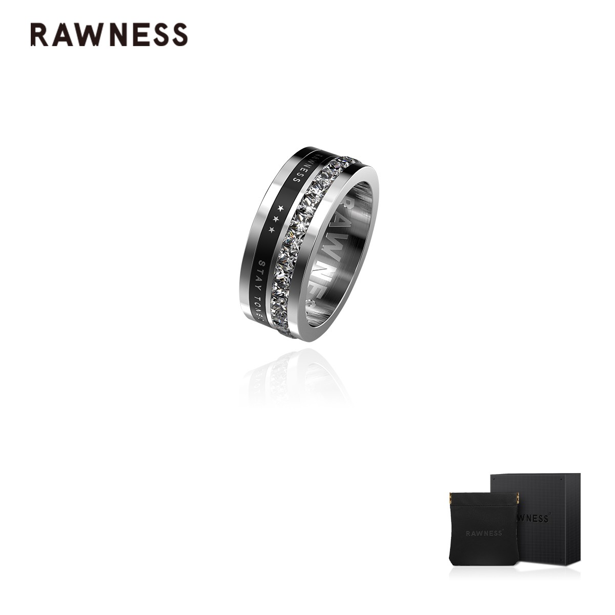 RAWNESS 钛钢莫桑石戒指 情人节礼物黑陶瓷指环黑色欧美食指排戒