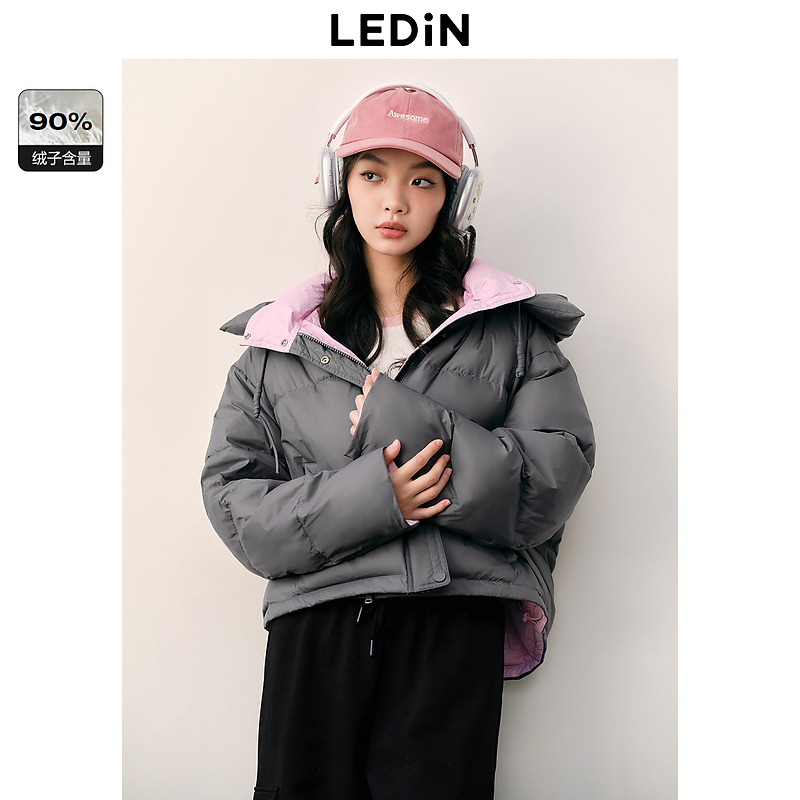 乐町新品休闲撞色泡芙羽绒服冬季新款防泼水短款连帽羽绒面包服