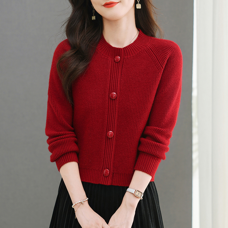 加厚休闲外穿毛针织衫红色毛衣红色麻花羊毛长袖针织衫圆领阔太太