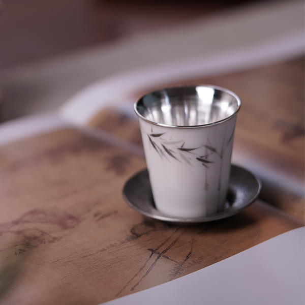 手绘墨竹瓷包银杯纯手工茶具茶器主人杯银茶具品茗杯创意精致茶杯