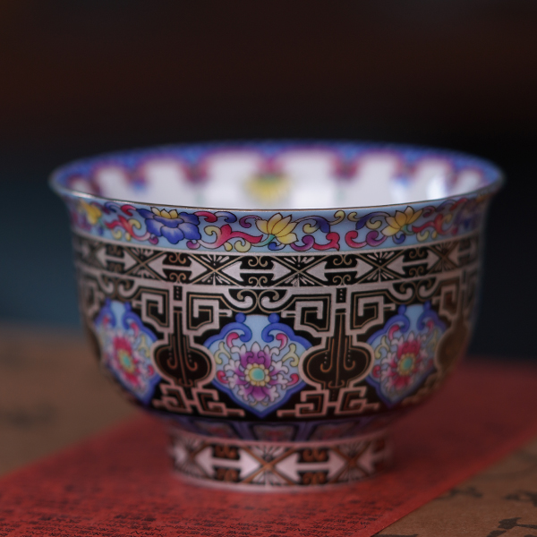 复古黑底宫廷茶碗珐琅彩品茗杯茶具主人杯陶瓷茶器茶配件复古家用
