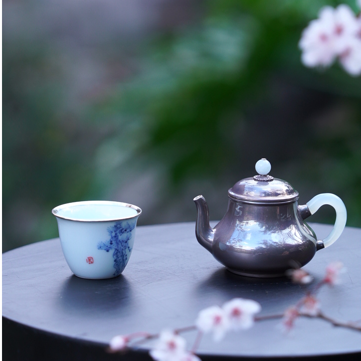 玉把手思亭小银壶银纯手工茶道复古泡壶金属茶器泡茶壶宫灯品牌