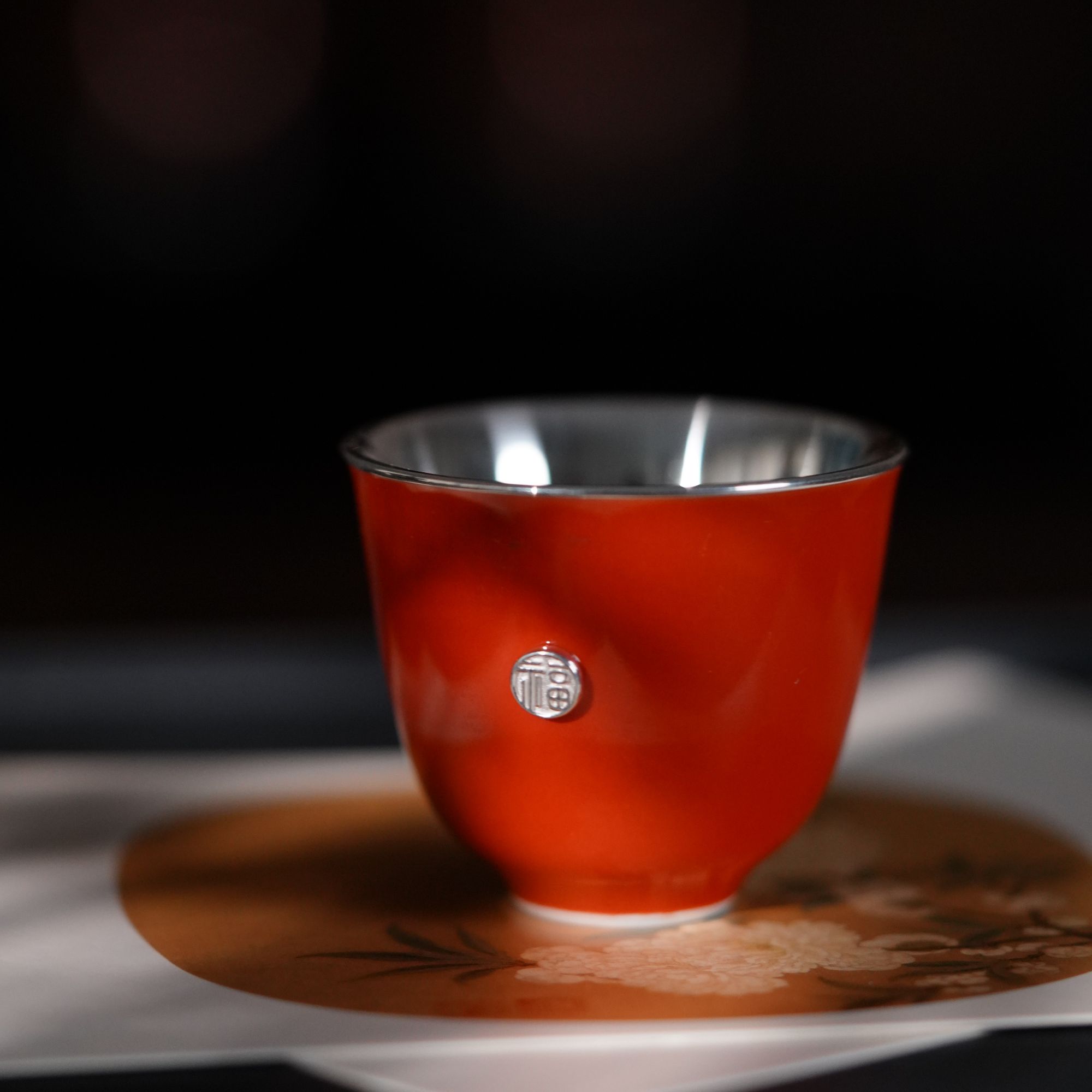 故宫红闲叙福字镶嵌银杯家用陶瓷纯手工主人杯手绘白瓷珐琅彩