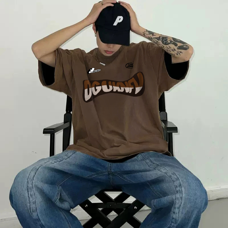 labzaa式复古风棕色重磅短袖T恤男潮牌夏季新款hiphop宽松棉上衣