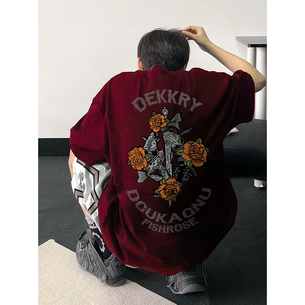labzaa高街复古重磅棉短袖T恤男夏季花卉印花休闲酒红色上衣服潮