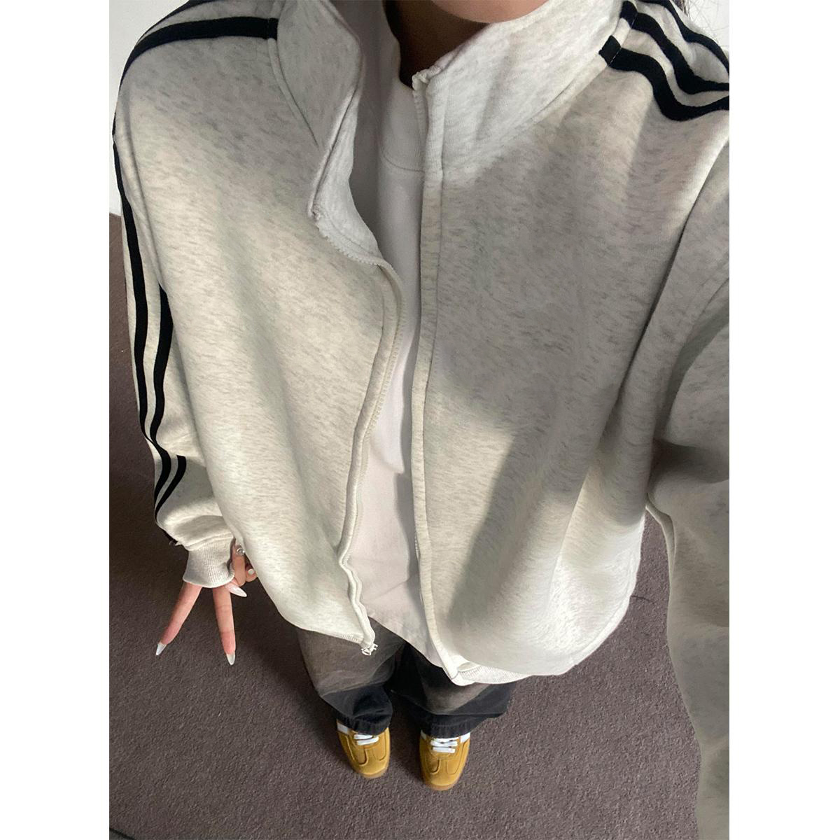 labzaa美式潮牌条纹开衫拉链卫衣男款秋冬立领oversize男慵懒外套