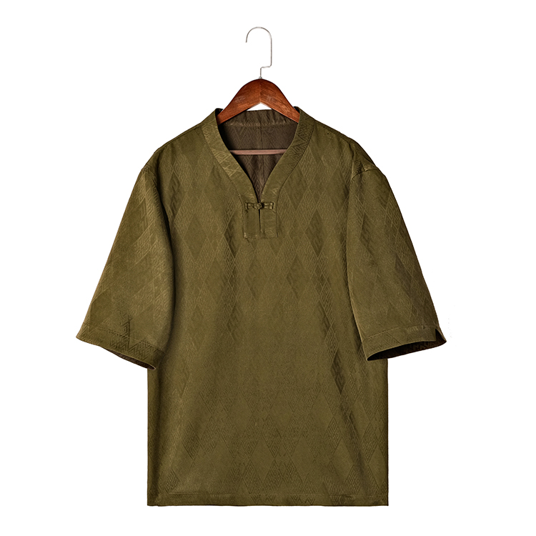 88275男士夏季圆领双面T恤 国风桑蚕丝提花缎香云纱百搭盘扣半袖