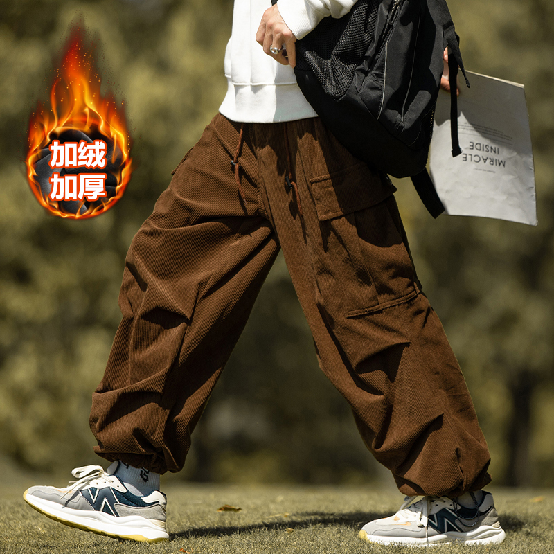 咖啡色工装裤男秋冬山系cityboy灯芯绒裤子加绒加厚复古休闲长裤