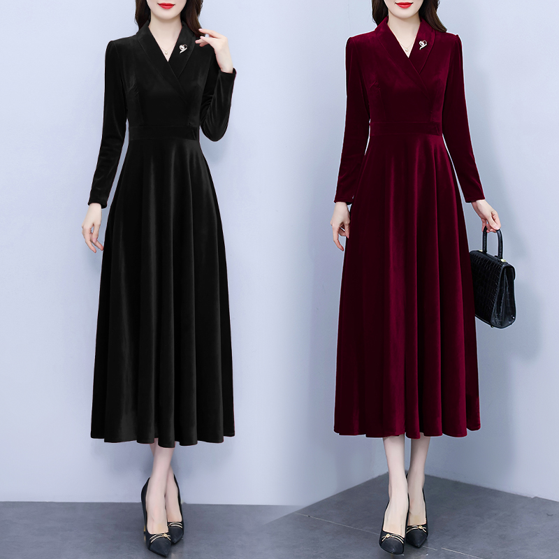 长袖金丝绒连衣裙女2025秋季高端名媛酒红色喜婆婆礼服显瘦长裙子