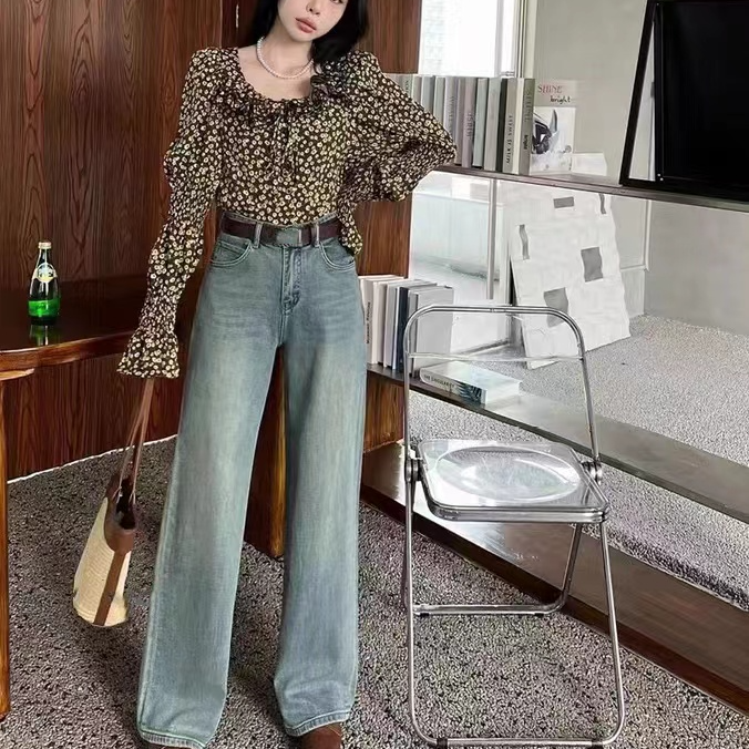 【小慧慧家】浅蓝色百搭直筒牛仔阔腿裤