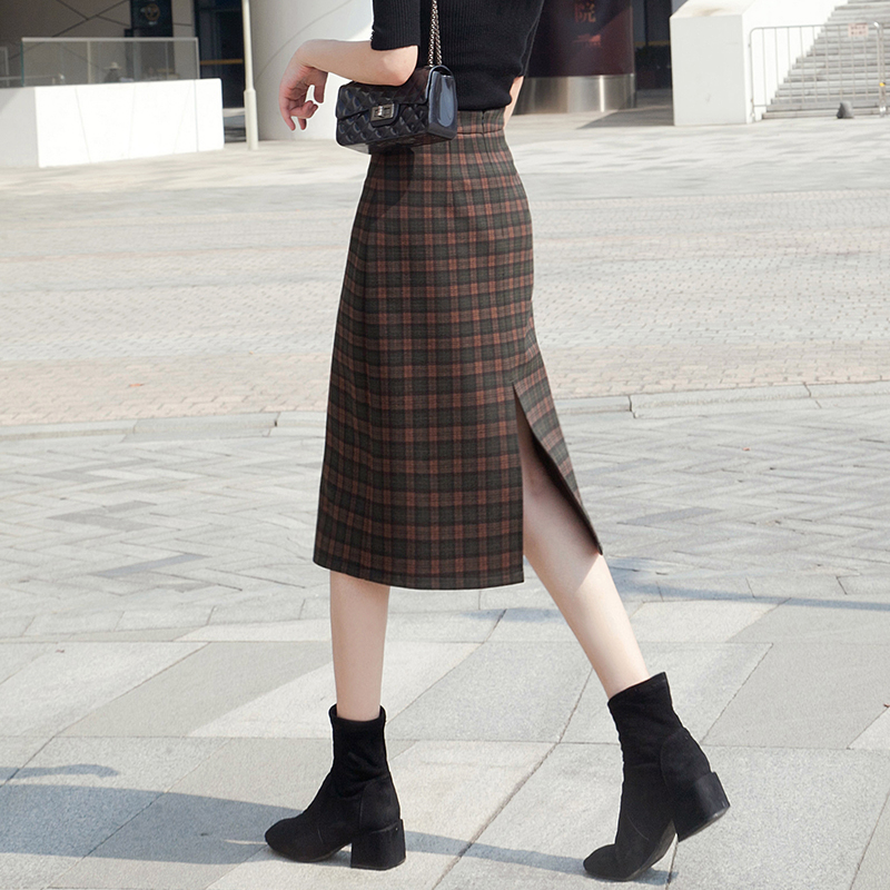 毛呢半身裙2024春秋小个子时尚高腰显瘦气质中长款百搭开叉格子裙