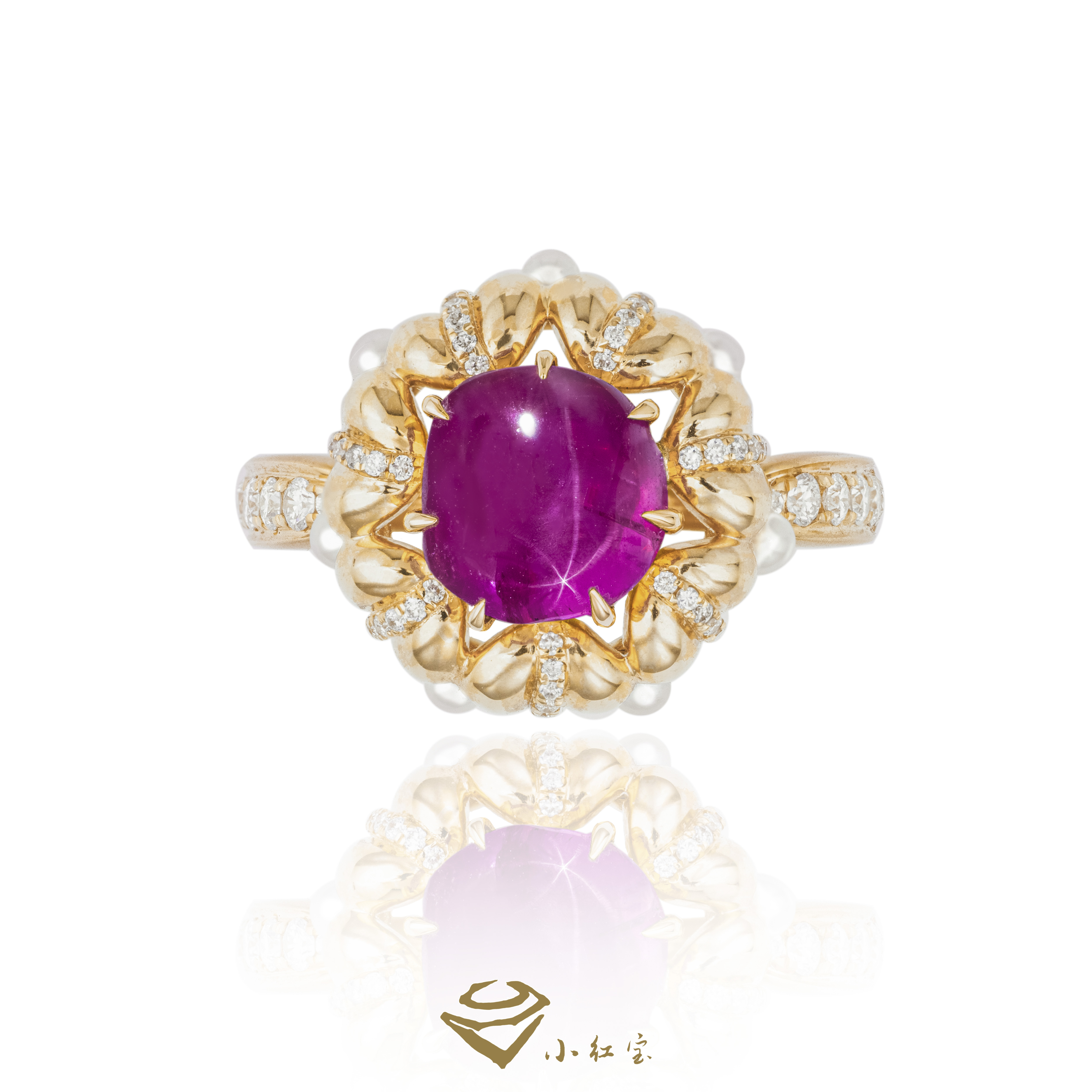 小红宝《陌上花开》星光红宝石戒指18K金镶嵌钻石珍珠星光红宝石
