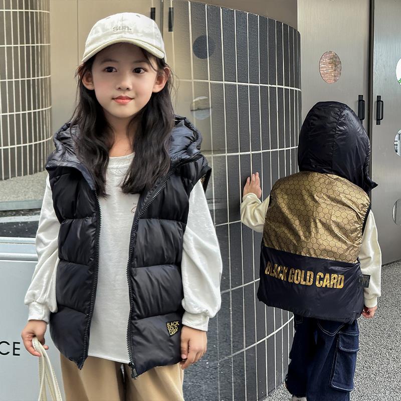 巴拉巴拉恩2023新款儿童黑金羽绒马甲男童女童加厚连帽外穿背心中