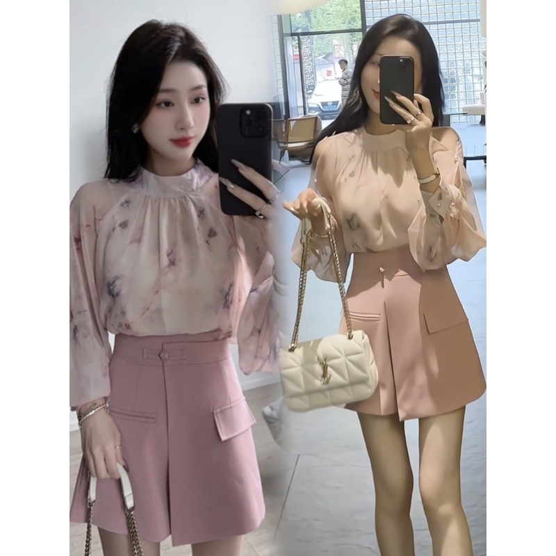 粉紫晕染印花蝴蝶结冰感丝防晒上衣+显瘦百搭高腰A字裙裤