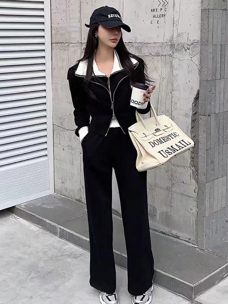 2024秋季新款休闲套装拼色收腰卫衣韩版气质高腰长裤时尚套装女