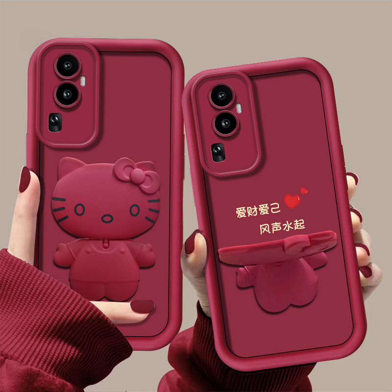 适用【OPPORENO10PRO+】爱财爱己猫咪支架手机壳创意可爱卡通防摔女