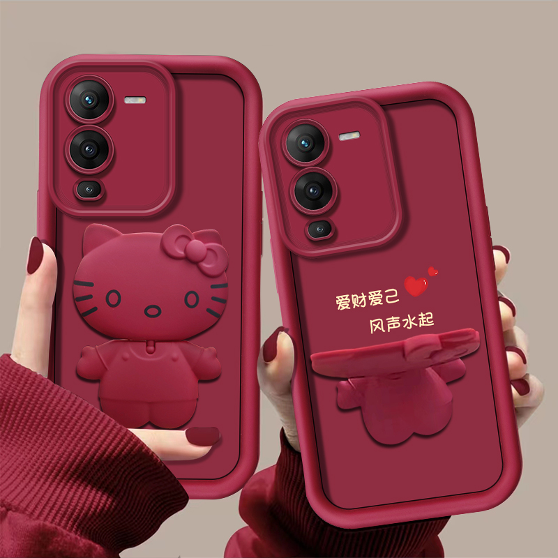 爱财爱己【vivos15】手机壳猫咪支架酒红色可爱卡通全包防摔女款