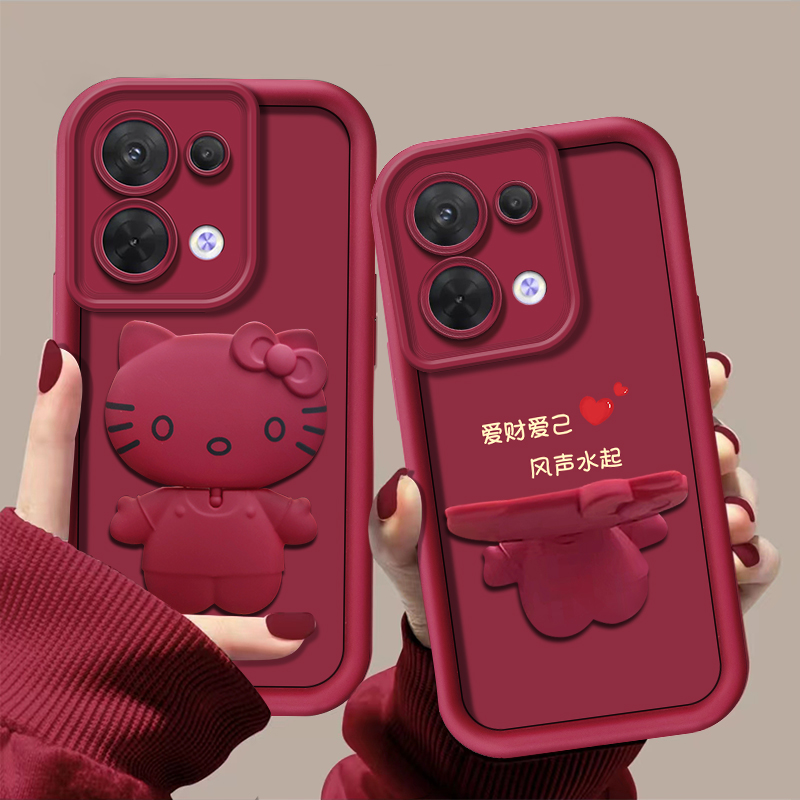 适用【OPPORENO8pro】手机壳猫咪支架酒红色可爱卡通全包防摔女款