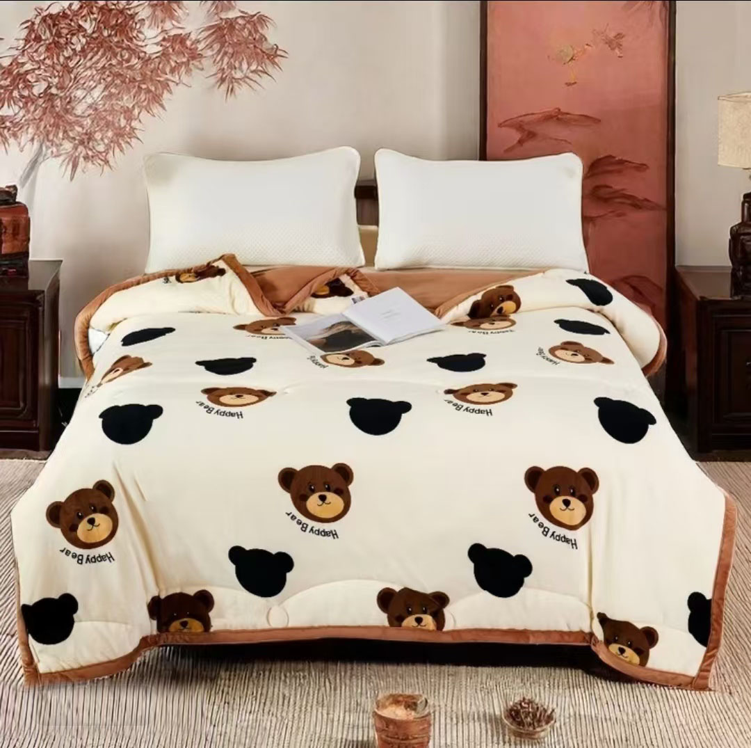 （试睡15天）加厚单人绒毯被 咖啡小熊春秋天卡通印花单人用被#01