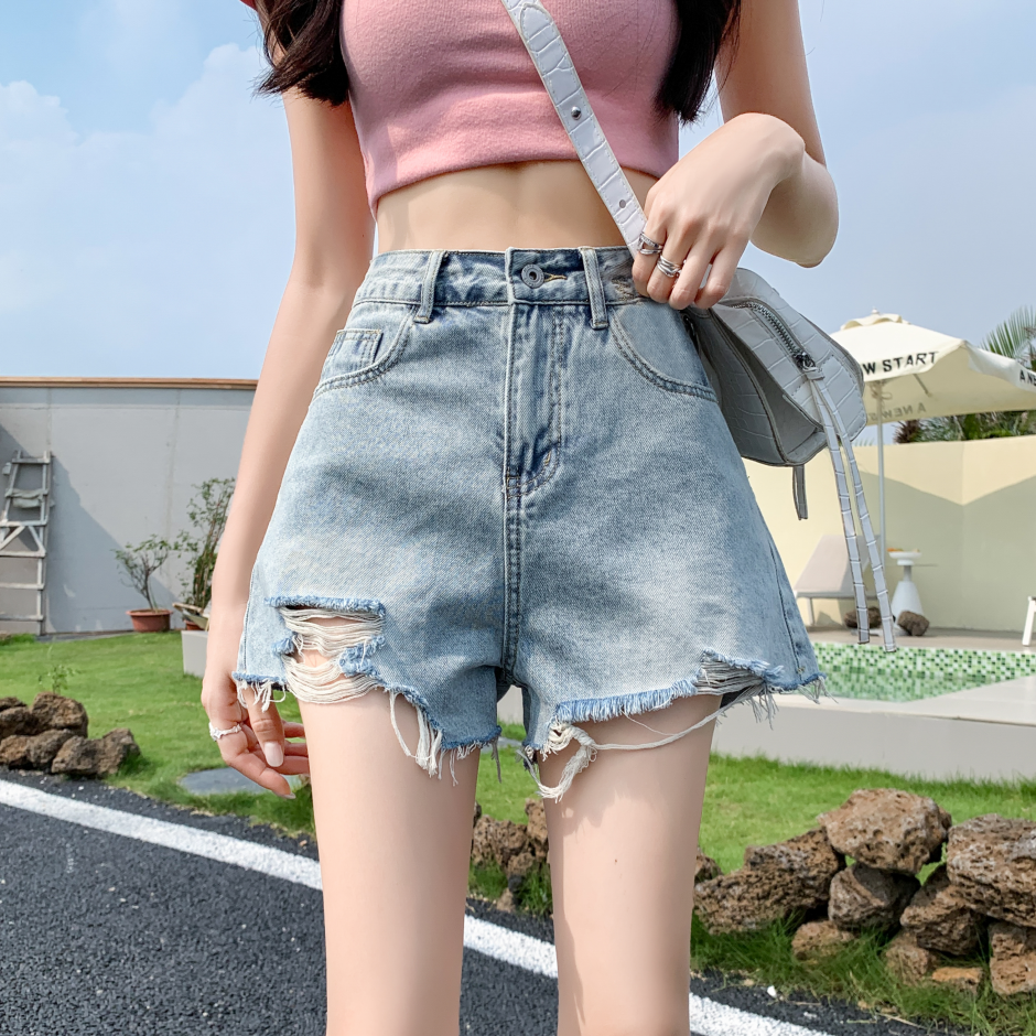 破洞个性新款夏季短裤百搭中腰牛仔短裤女毛边宽松辣妹学生韩版
