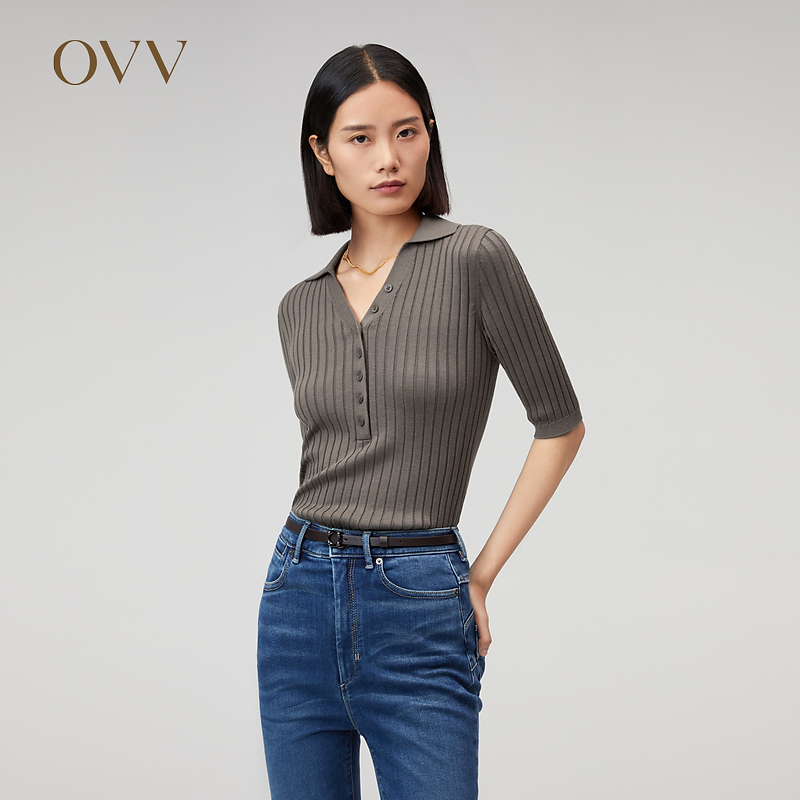 OVV秋冬新款女装丝棉混纺POLO领罗纹修身中袖针织衫