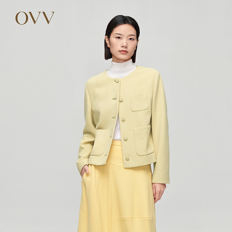 OVV秋冬新款女装进口圆领不对称口袋设计夹克外套