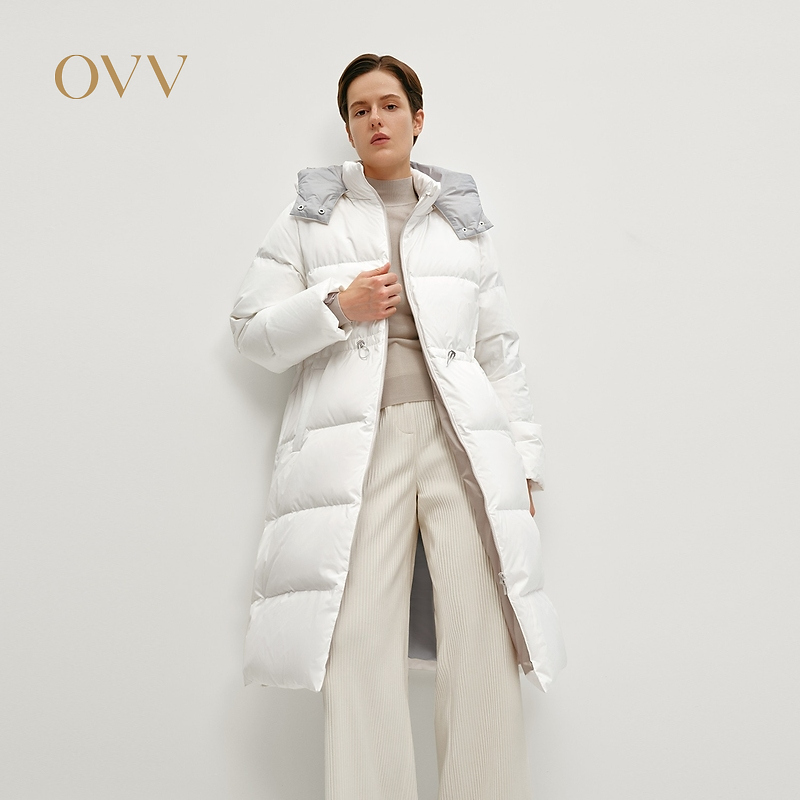 OVV秋冬新女装大横格绗线厚长款橡筋抽绳连帽羽绒服GWRAJ44116A