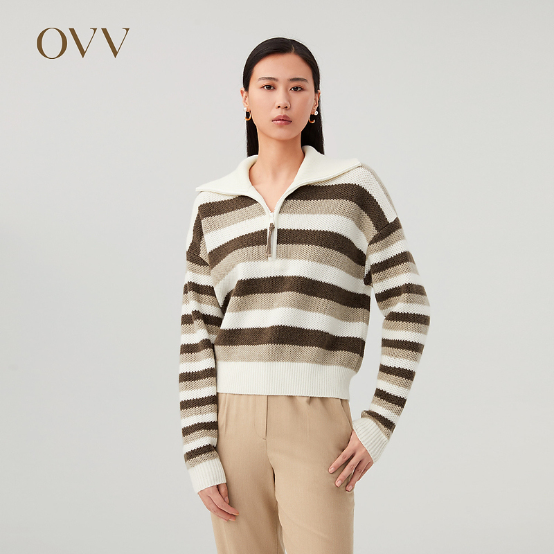 OVV秋冬新款女装翻领半开襟经典条纹长袖针织衫GNZAJ33116A