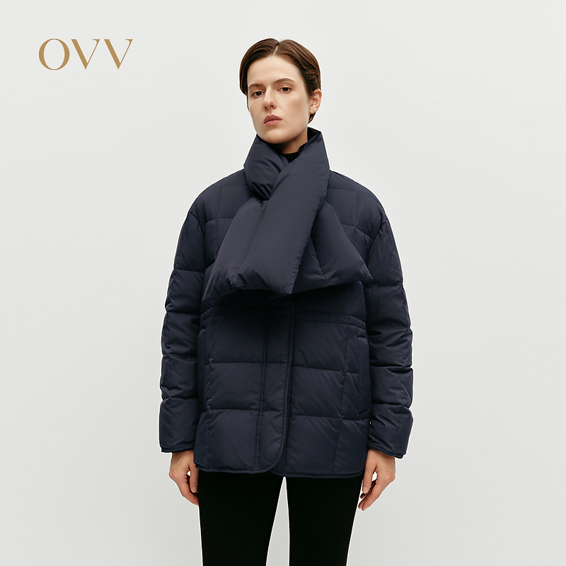 OVV秋冬新款女装格子绗线轻薄可拆卸围巾羽绒服外套GWRAJ44105A