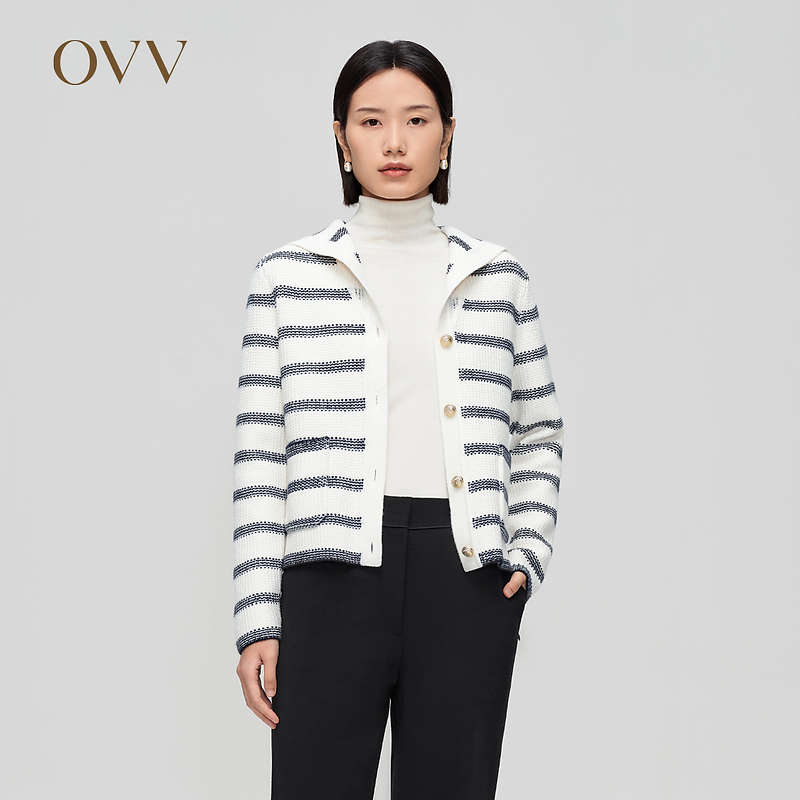 OVV秋冬新款女装羊毛条纹法式浪漫海军领休闲长袖针织外套