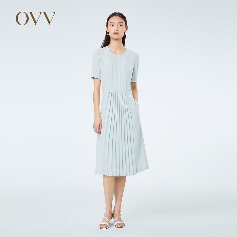 【三醋酸】OVV春夏热卖单面缎经典圆领百褶短袖连衣裙GQLBJ23006A