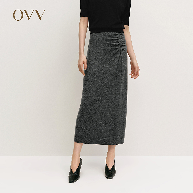 OVV秋冬新女优雅时髦前片碎褶山羊绒休闲针织半身裙GQAZJ34105A