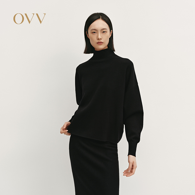 OVV2024秋冬新款女装保暖舒适羊毛混纺休闲高领长袖针织衫