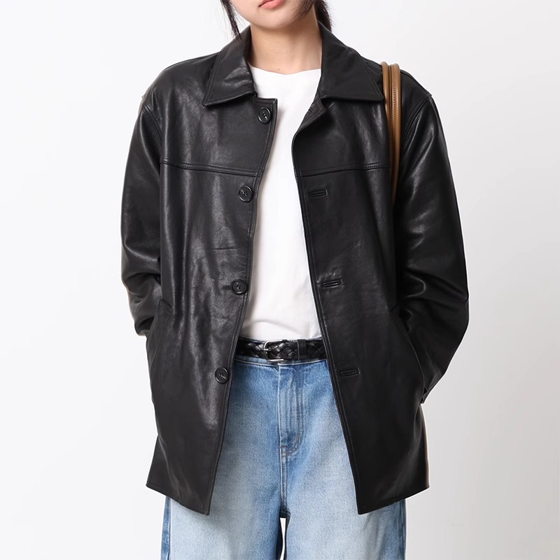 韩国正品八奶同款2024秋中性直筒简约植鞣绵羊皮中长甜辣复古皮衣