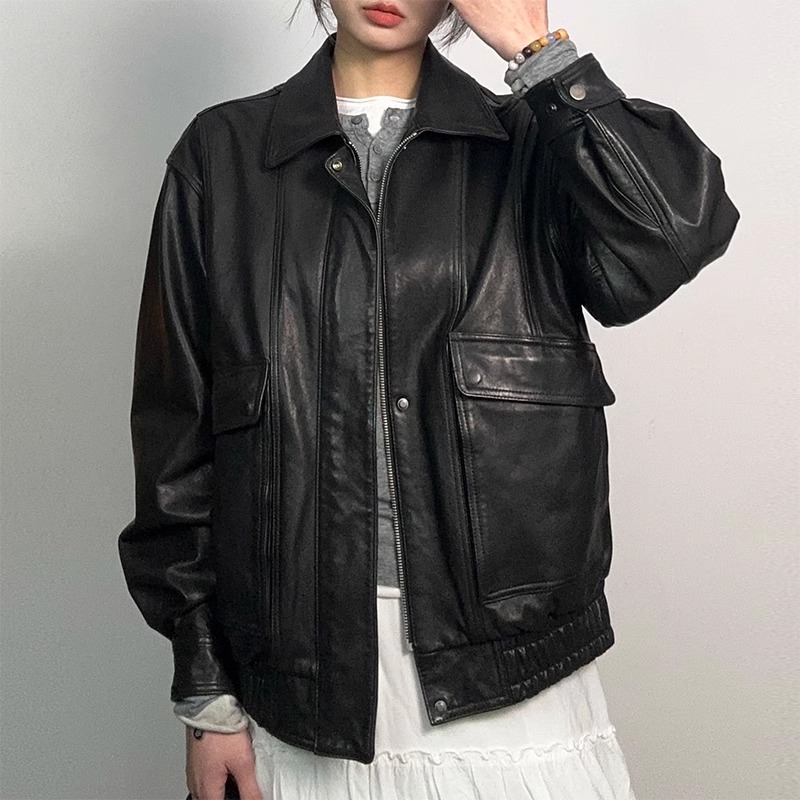 韩国正品意大利植鞣绵羊皮真皮衣外套2024小个子复古美式飞行夹克