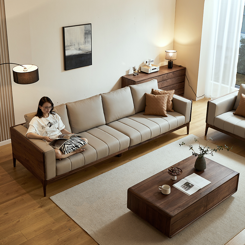 北美黑胡桃木真皮沙发客厅家具三人位直排沙发现代实木极简