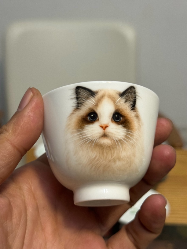 手绘釉上猫咪主人杯