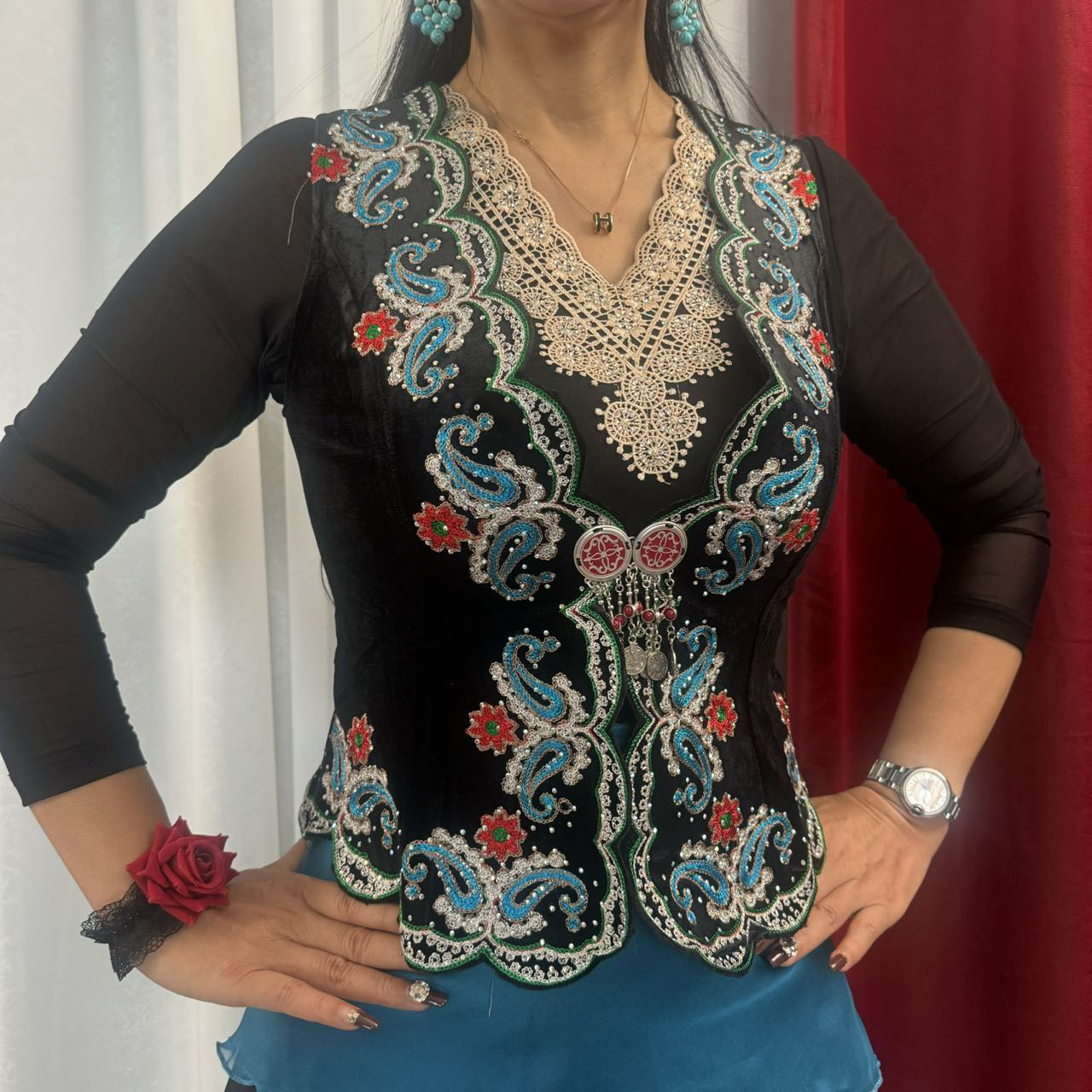 新疆维吾尔民族舞蹈金丝绒巴达木刺绣蓝色绣花马甲