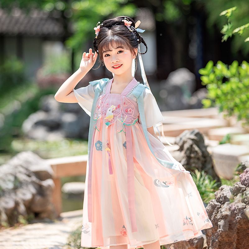 汉服女童2024新款夏季超仙唐装儿童中国风短袖古装襦裙玉兔连衣裙