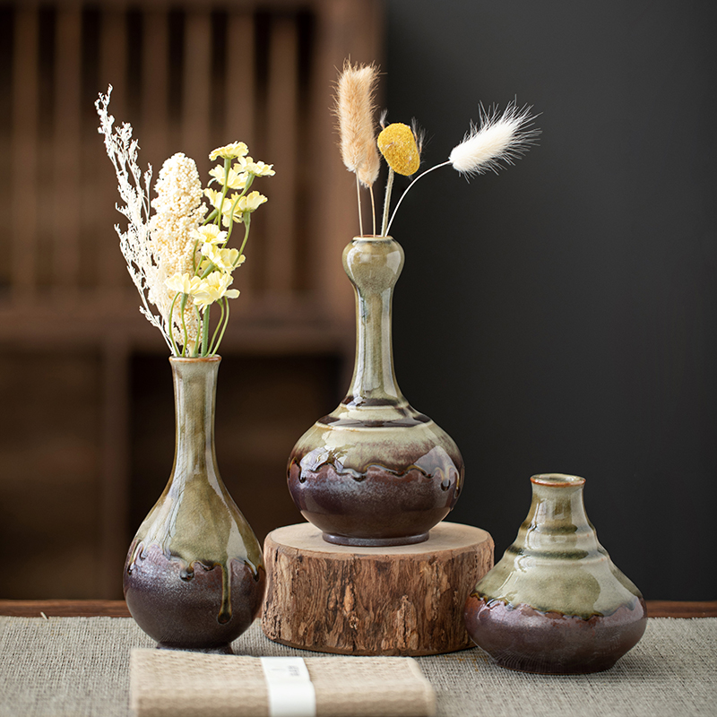 复古新中式柴烧花插陶瓶简约干花创意小花器水培花插禅意茶道高端